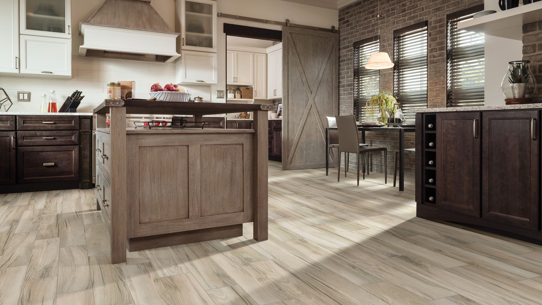 Wood-look tile in a kitchen, installation services available